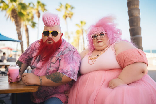 A fat couple in eccentric and colorful costumes, portraying a humorous and funny pink duo.