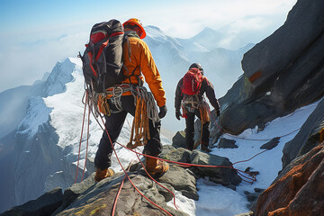 Mountain climbers with equipment go into the mountains. - obrazy, fototapety, plakaty