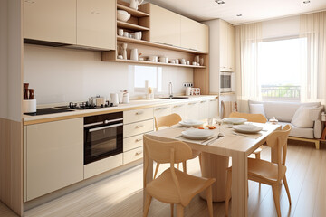 Interior design modern minimal kitchen room, interior clean style, living space, interior design japan style, three-dimensional, natural light, generative ai.