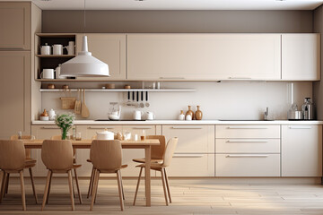 Interior design modern minimal kitchen room, interior clean style, living space, interior design japan style, three-dimensional, natural light, generative ai.