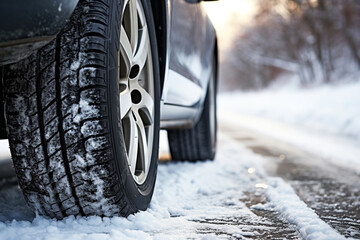 Winter tire. Detail of car tires in winter on the road covered with snow