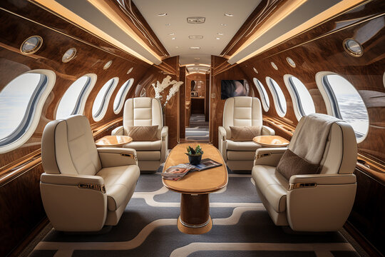 Interior of private luxury aircraft inside. 