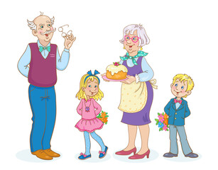 Congratulations grandpa! Grandmother, grandson and granddaughter congratulate favorite grandfather. In cartoon style. Isolated on white background. Vector illustration.