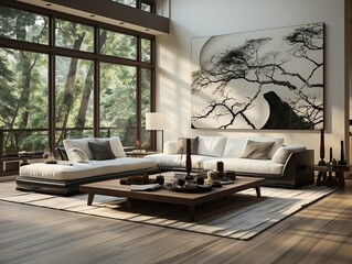 Minimalist black and white hardwood floors living room with white sofa and ceilings generative ai