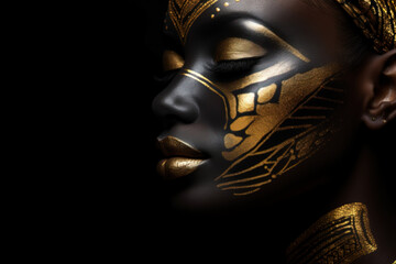 African woman face silhouette with golden makeup. Beauty model with dark skin with golden shiny patterns on a black background