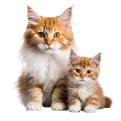 front view of cat animal with baby isolated on a white transparent background.