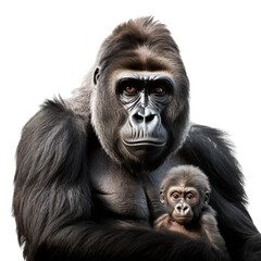 front view of gorilla animal with baby isolated on a white transparent background.