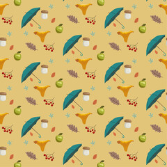 Seamless pattern with blue umbrellas, yellow chanterelles, brown leaves, flowers, red rowans, boletus mushrooms on yellow background for wallpapers, packaging, fabrics, wrapping, webs
