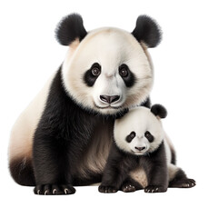 front view of panda animal with baby isolated on a white transparent background.