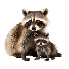 front view of Racoon animal with baby isolated on a white transparent background. - obrazy, fototapety, plakaty