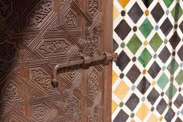 Granada (Spain). Architectural detail of the Patio de los Arrayanes of the Palacio de Comares...