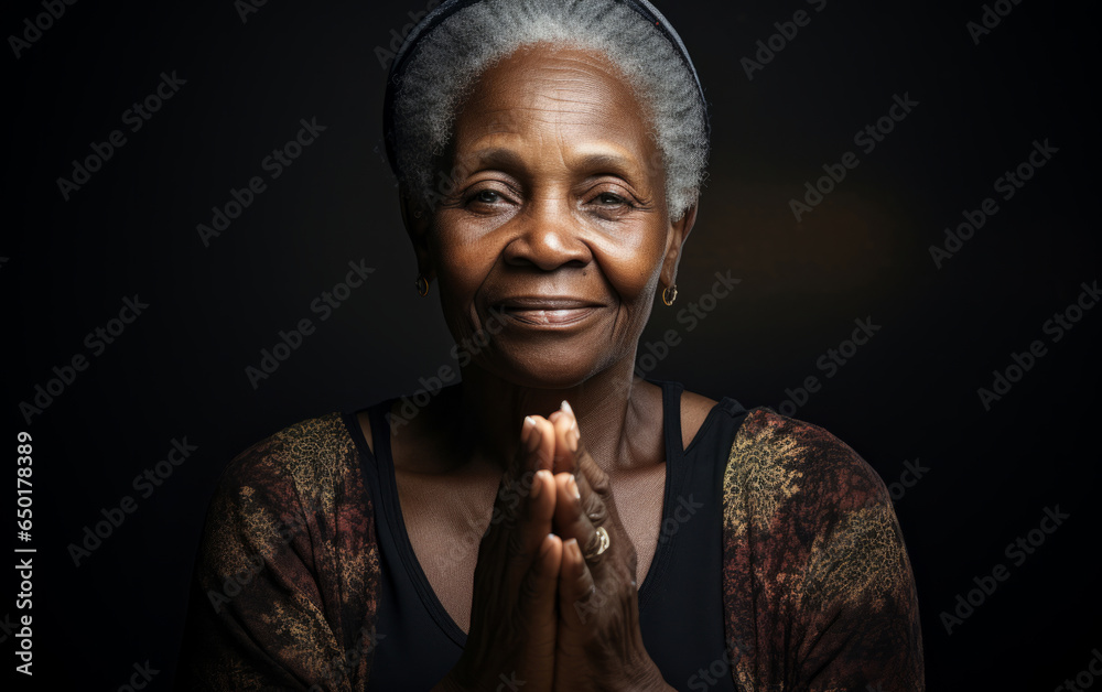 Wall mural senior african american woman smiling while praying. studio backdrop. religion concept.