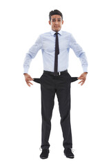 Man, portrait and empty pockets as poor with debt or financial stress isolated on transparent png background. Unemployed male, sad and economy or bankruptcy in .fear of stock market crash or failure