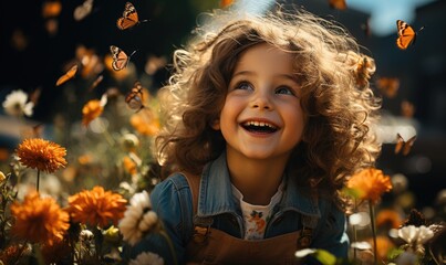 A little girl sits among flowers, laughs, playfully catches butterflies. Bright happiness, joy, and spring in children games in the meadow. - 650178717
