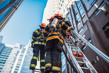 Firefighters on high ladder entering a skyscraper.