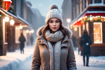 Happy woman on street Christmas lights, Happy New Year, Merry Christmas, winter holiday, eve, walk through the city lights. Young woman dressed in winter coat, gray wool hat and knitted wool scarf