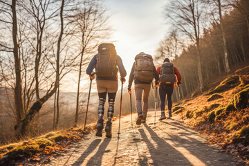Rear view of disabled hiker with leg prosthetics walking with friends.