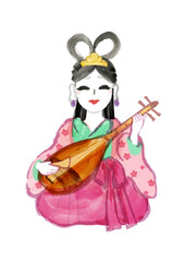 七福神の弁財天の手描き和風イラスト