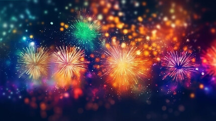 Naklejka premium Colorful fireworks on dark sky, celebration and happy new year concept abstract background illustration.