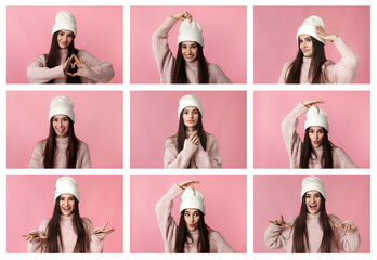 Set of beautiful woman in hat showing different facial emotions
