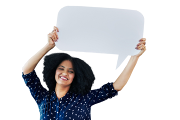 Portrait, speech bubble and woman with news, announcement and smile isolated on a transparent background. Face, happy person or model with a banner, poster and communication with png and social media