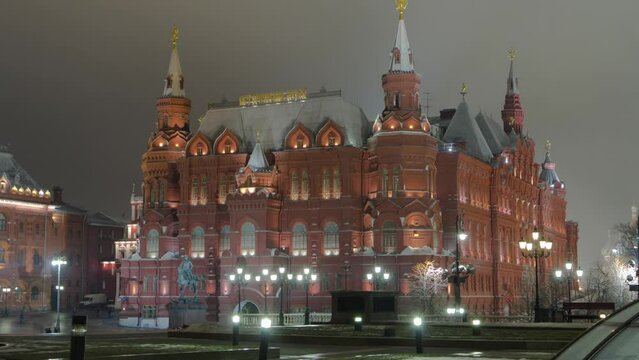 Night Timelapse Hyperlapse of The State Historical Museum of Russia: Moscow's Iconic Landmark. Founded in 1872, located between Red Square and Manege Square. View from Manege Square