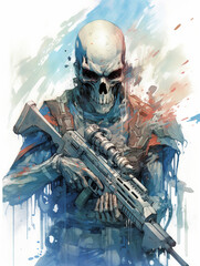 skeleton soldier ink digital illustration t shirt design for print design - obrazy, fototapety, plakaty