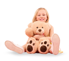 Girl kid with teddy bear, portrait and happiness, cuddle soft toys isolated on png transparent background. Young child playing, hug stuffed animal and smile with friendship, youth and childhood
