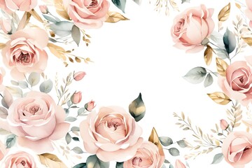 Watercolor Spring floral header with hand painted blush pink roses and gold leaves on white background.Delicate colorful botanical illustration for mothers day,