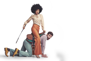 Cowboy, empowerment and boss riding her employee isolated on a transparent background for 70s style. Diversity, saddle or whip with a business man and woman on PNG for a crazy role play game together