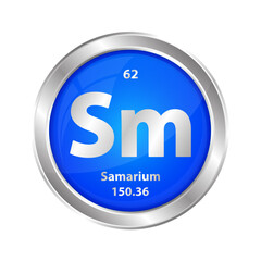 Icon structure Samarium (Sm) chemical element round shape circle blue. Chemical element of the periodic table. Sign with atomic number. Study in science for education. 3D vector illustration.