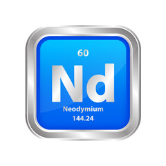 Icon structure Neodymium (Nd) number chemical element square blue line silver. Periodic table. Sign with atomic number. Study in science for education. 3D vector illustration.