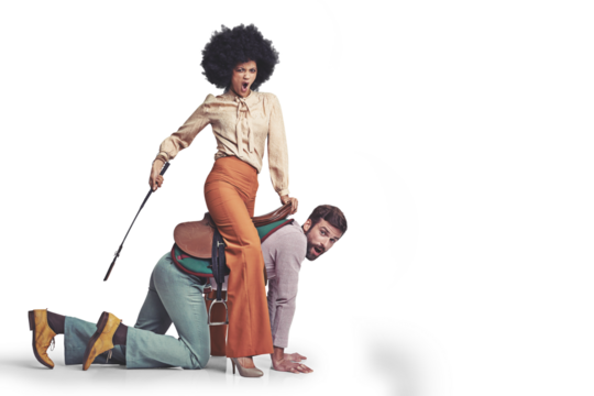 Cowboy, empowerment and boss riding her employee isolated on a transparent background for 70s style. Diversity, saddle or whip with a business man and woman on PNG for a crazy role play game together