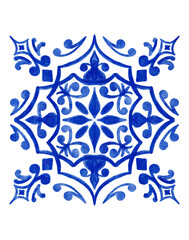 Hand drawn watercolor illustration drawing with blue white azulejo Portuguese ceramic traditional tiles. Ethnic portugal geomentric indigo repeated wall floor ornament. Arabic ornamental background.