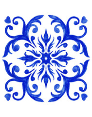 Hand drawn watercolor illustration drawing with blue white azulejo Portuguese ceramic traditional tiles. Ethnic portugal geomentric indigo repeated wall floor ornament. Arabic ornamental background.