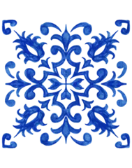 Cercles muraux Portugal carreaux de céramique Hand drawn watercolor illustration drawing with blue white azulejo Portuguese ceramic traditional tiles. Ethnic portugal geomentric indigo repeated wall floor ornament. Arabic ornamental background.