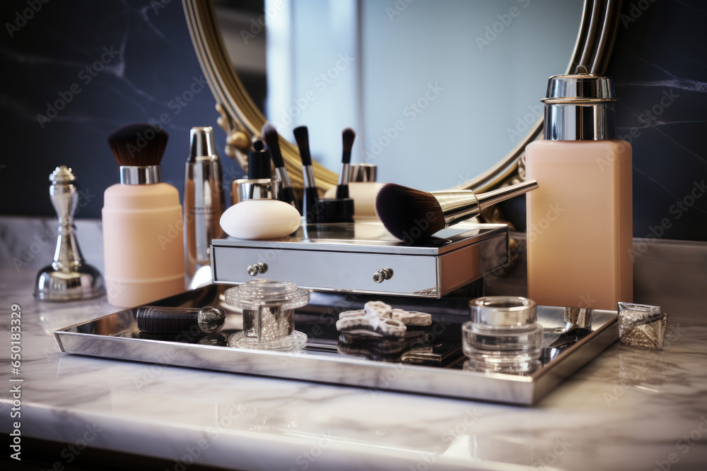 Poster a bathroom counter featuring a mirror and a collection of cosmetics items. this image is perfect for