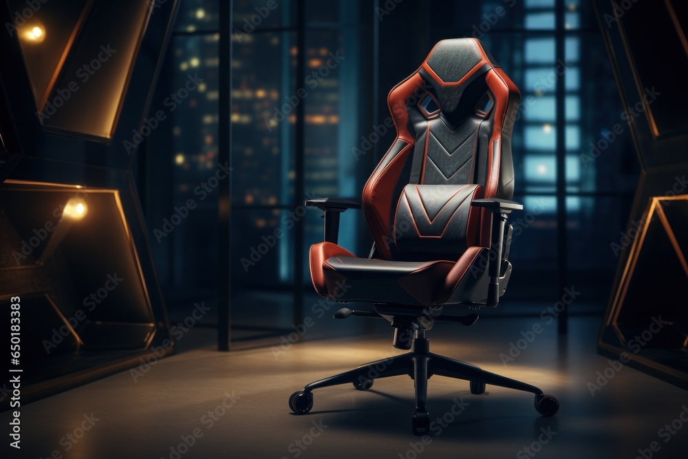 Poster a gaming chair is featured in a dimly lit room, creating a cozy and immersive gaming experience. per