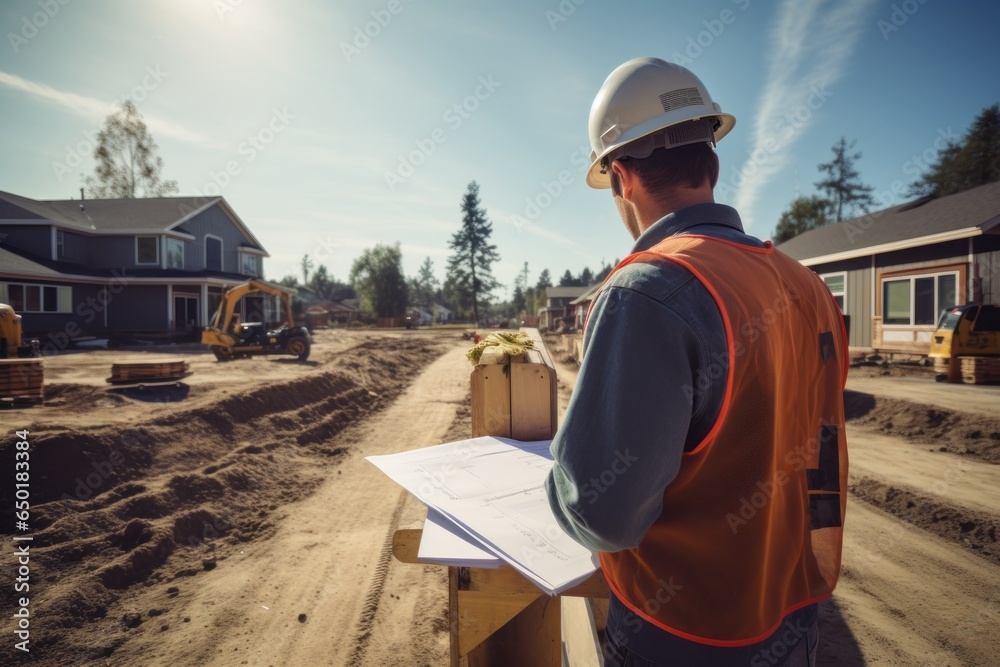 Poster a man wearing an orange vest and a hard hat is examining a blueprint. this image can be used to illu