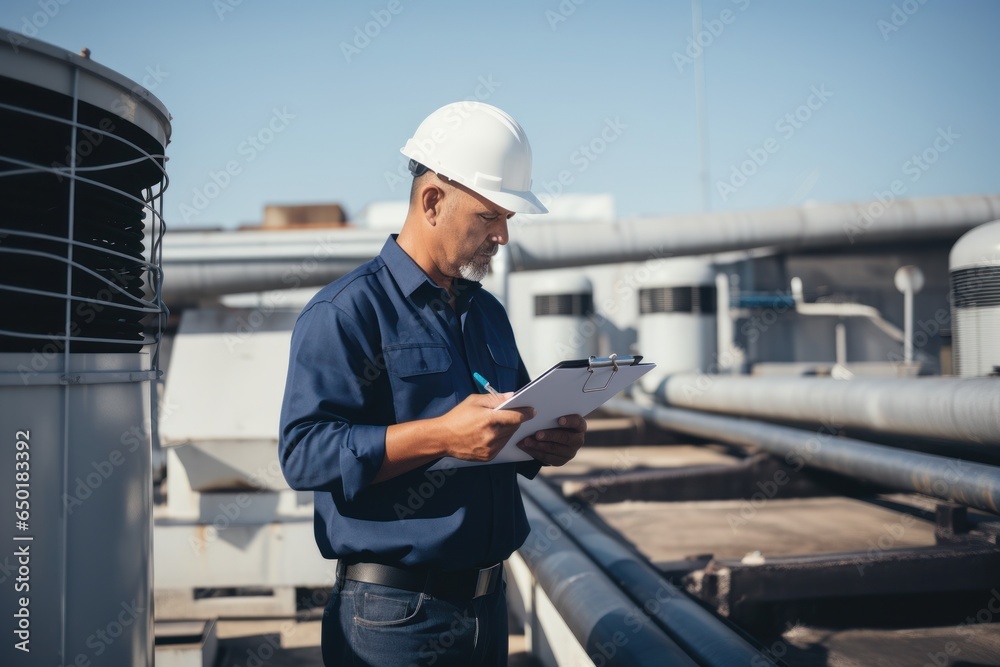 Poster a man wearing a hard hat is seen writing on a clipboard. this image can be used to depict constructi