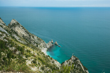 Aerial view of Spiaggia delle due Sorelle in the park of Mount Conero, Marche region, Italy