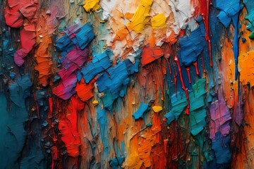Closeup of abstract rough colorful multicolored art painting texture, with oil brushstroke, pallet knife paint on canvas, dripping color - obrazy, fototapety, plakaty