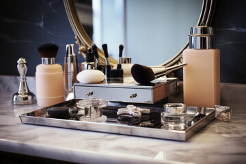 A bathroom counter featuring a mirror and a collection of cosmetics items. This image is perfect...