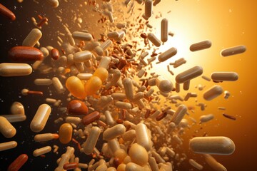 A captivating image capturing a bunch of pills flying in the air. This picture can be used to...