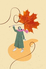 Vertical collage picture of cheerful black white colors girl arm hold big fallen maple leaf isolated on painted beige background