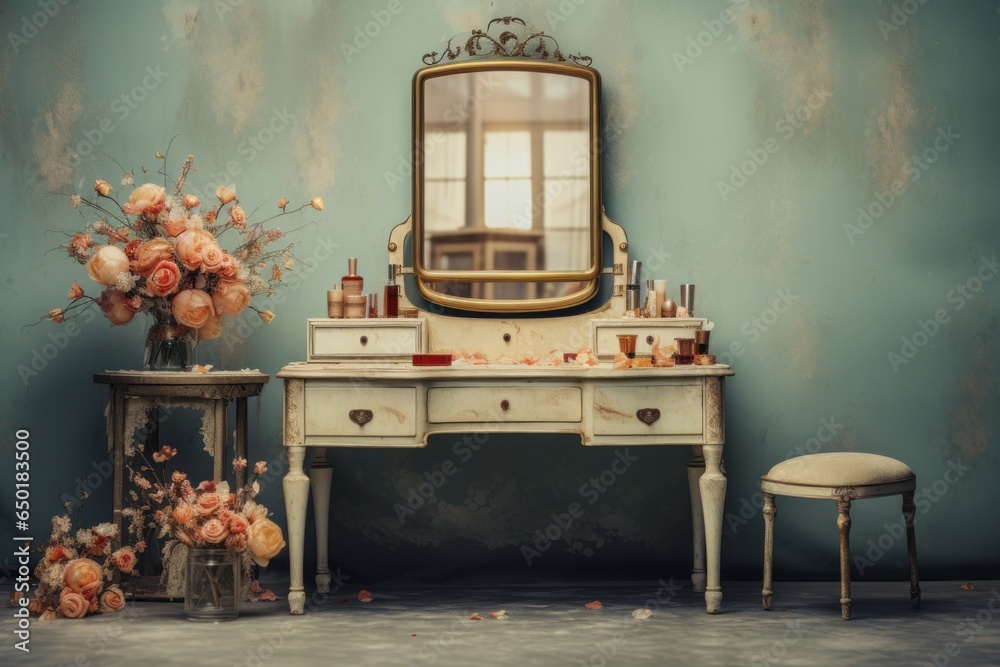 Poster A simple and elegant dressing table with a mirror and a comfortable stool. Perfect for getting ready in the morning or applying makeup. Suitable for home decor, beauty blogs, and lifestyle articles.