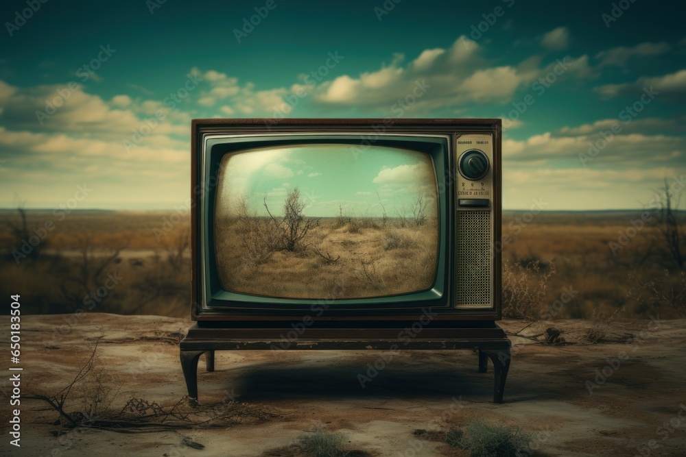 Poster an old television set is placed on top of a dirt field. this image can be used to depict nostalgia, 