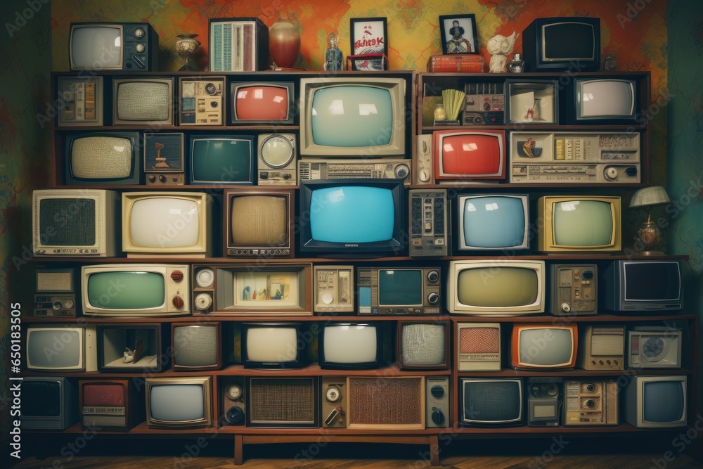 Poster a bunch of old televisions stacked on top of each other. suitable for illustrating the concept of te