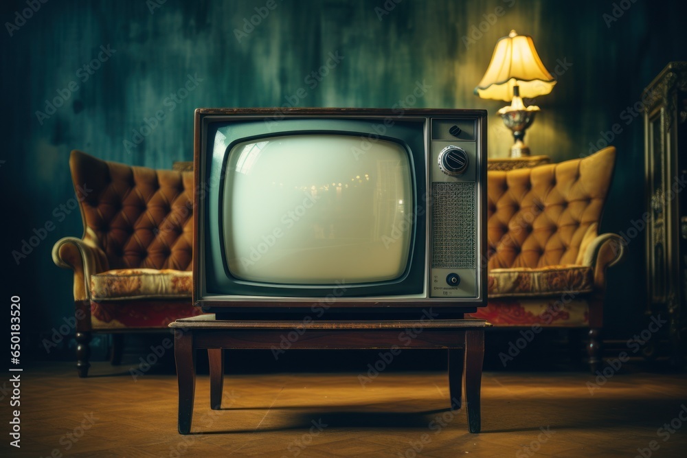 Poster an old television set placed on a sturdy wooden table. perfect for nostalgic themes or retro design 