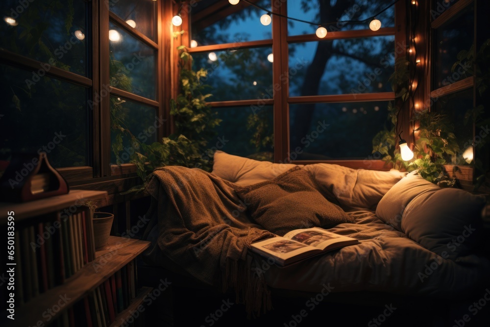 Poster a comfortable couch with colorful pillows and a book resting on it. perfect for home decor or interi